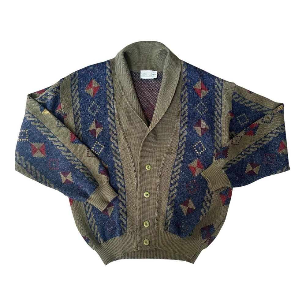 Vintage Yves Gerard Wool Cardigan Sweater Men’s 2XL Geometric Knit